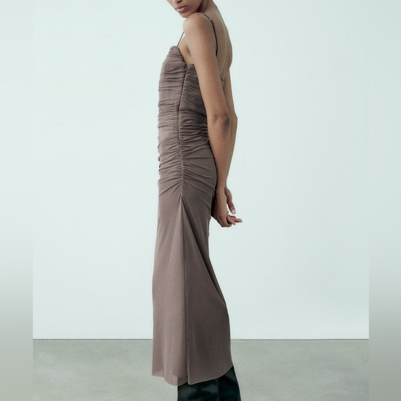 Zara NWT Tulle draped midi ruched spaghetti strap corset dress - Picture 5 of 8
